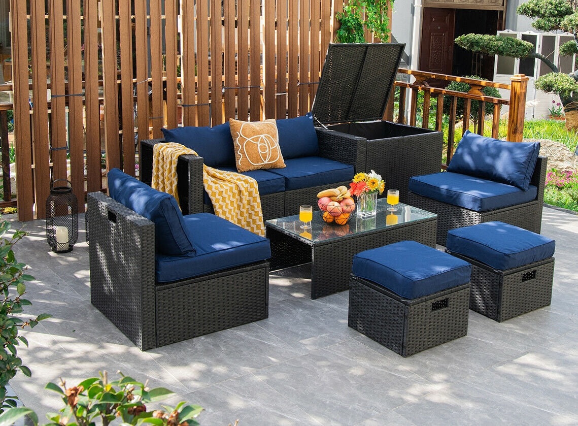 8 Pieces Patio Rattan Storage Table Furniture Set, Navy Outdoor Sectionals   at Gallery Canada