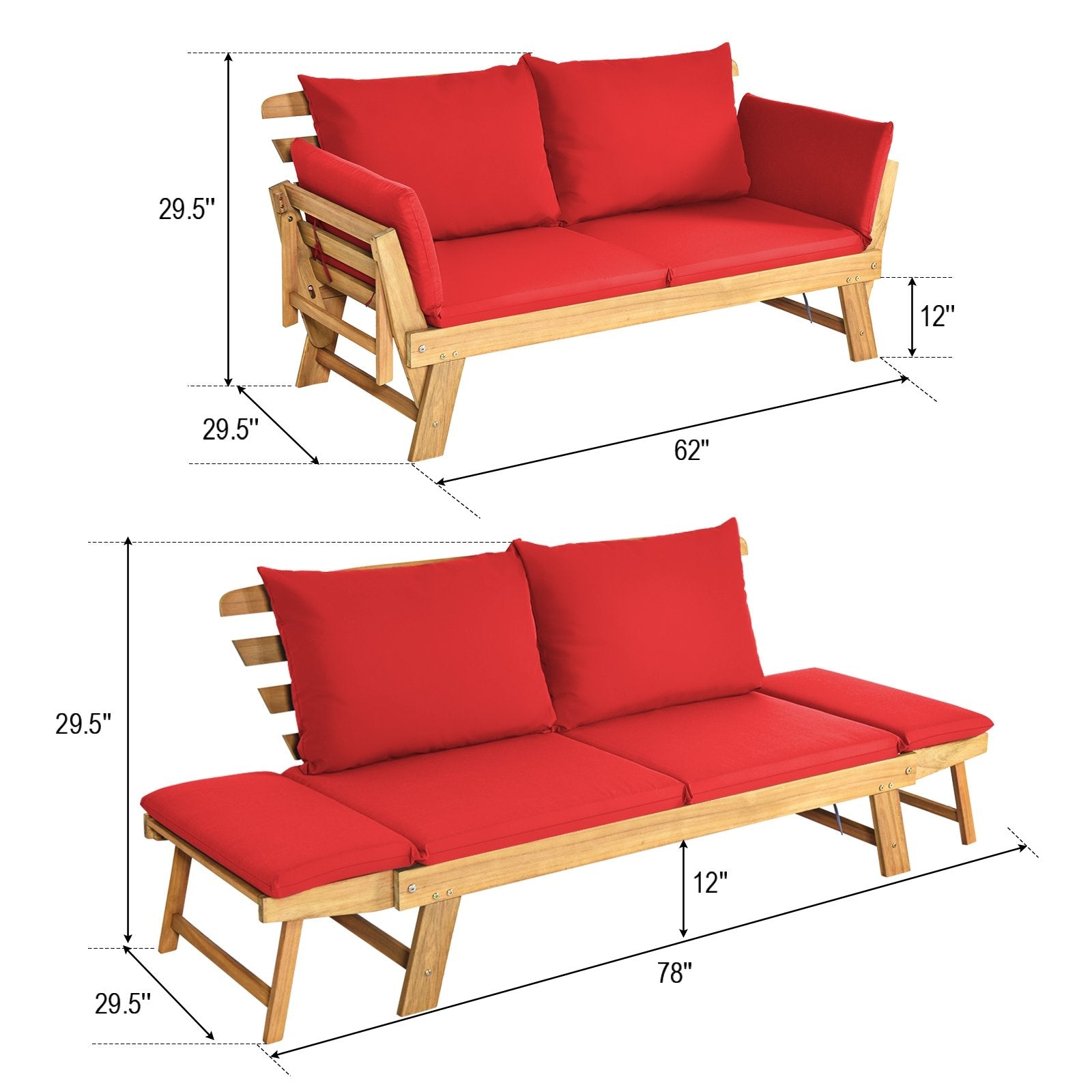 Adjustable Patio Convertible Sofa with Thick Cushion, Red Outdoor Benches   at Gallery Canada