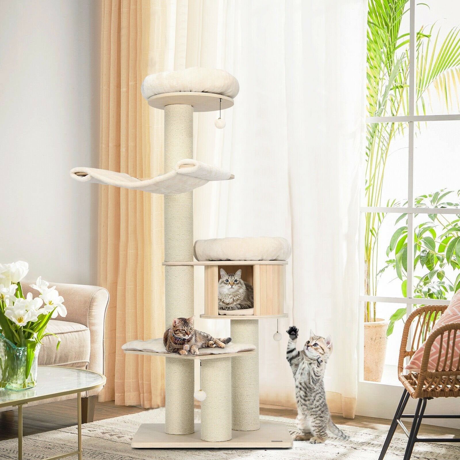 4-Layer 68.5-Inch Wooden Cat Tree Condo Activity Tower with Sisal Posts, Natural Cat Trees Condos & Scratchers   at Gallery Canada