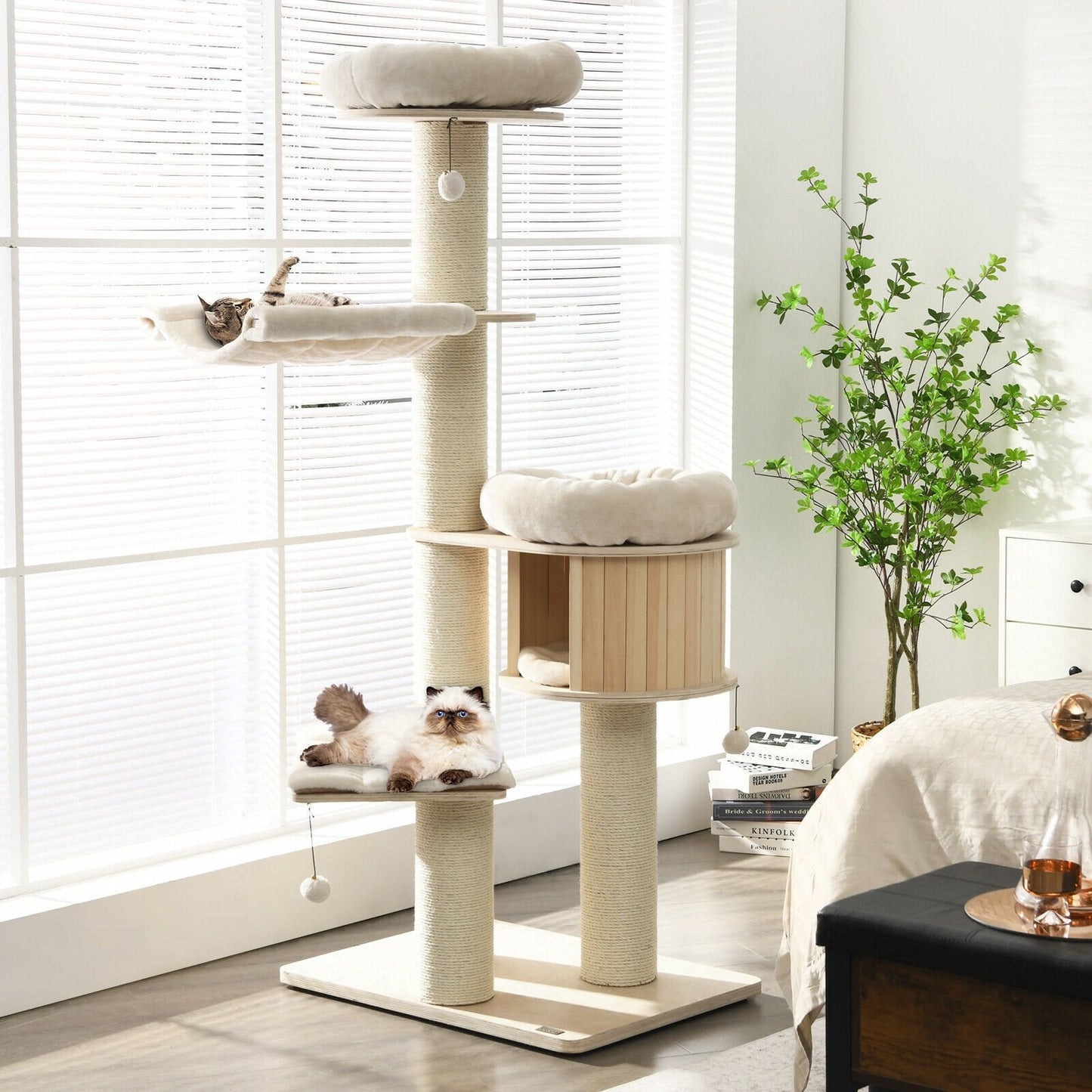 4-Layer 68.5-Inch Wooden Cat Tree Condo Activity Tower with Sisal Posts, Natural - Gallery Canada