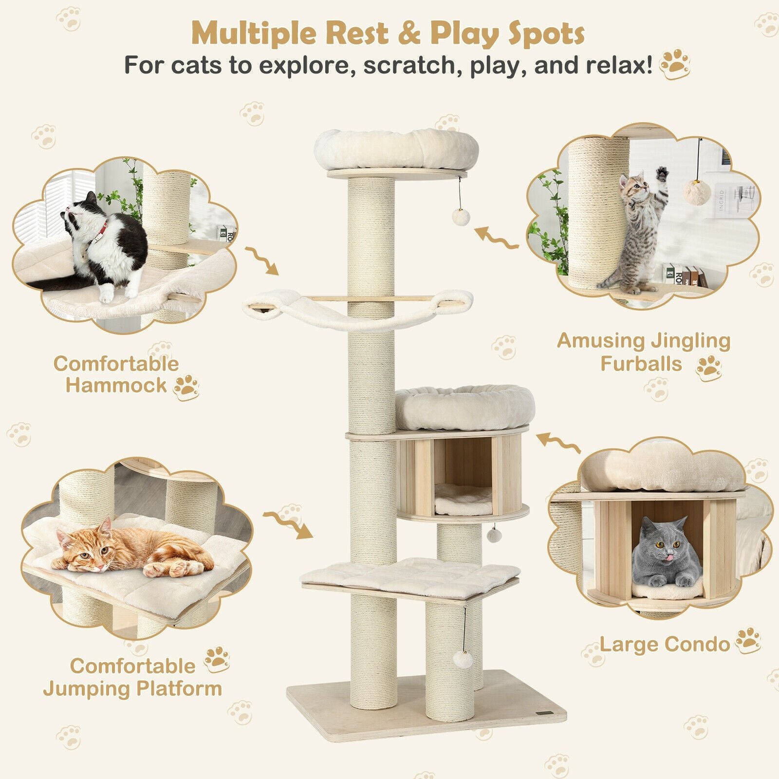 4-Layer 68.5-Inch Wooden Cat Tree Condo Activity Tower with Sisal Posts, Natural Cat Trees Condos & Scratchers   at Gallery Canada