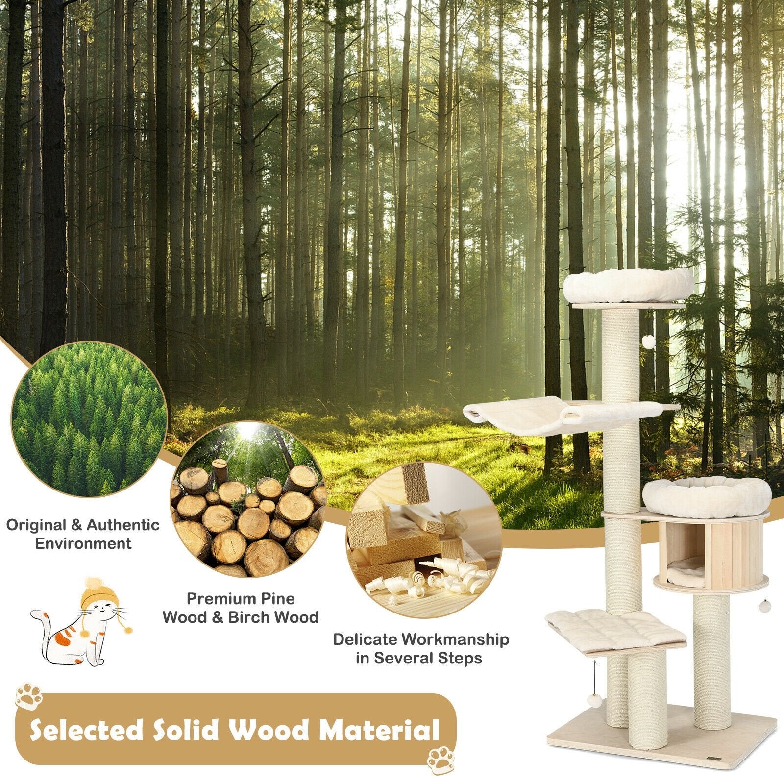 4-Layer 68.5-Inch Wooden Cat Tree Condo Activity Tower with Sisal Posts, Natural Cat Trees Condos & Scratchers   at Gallery Canada