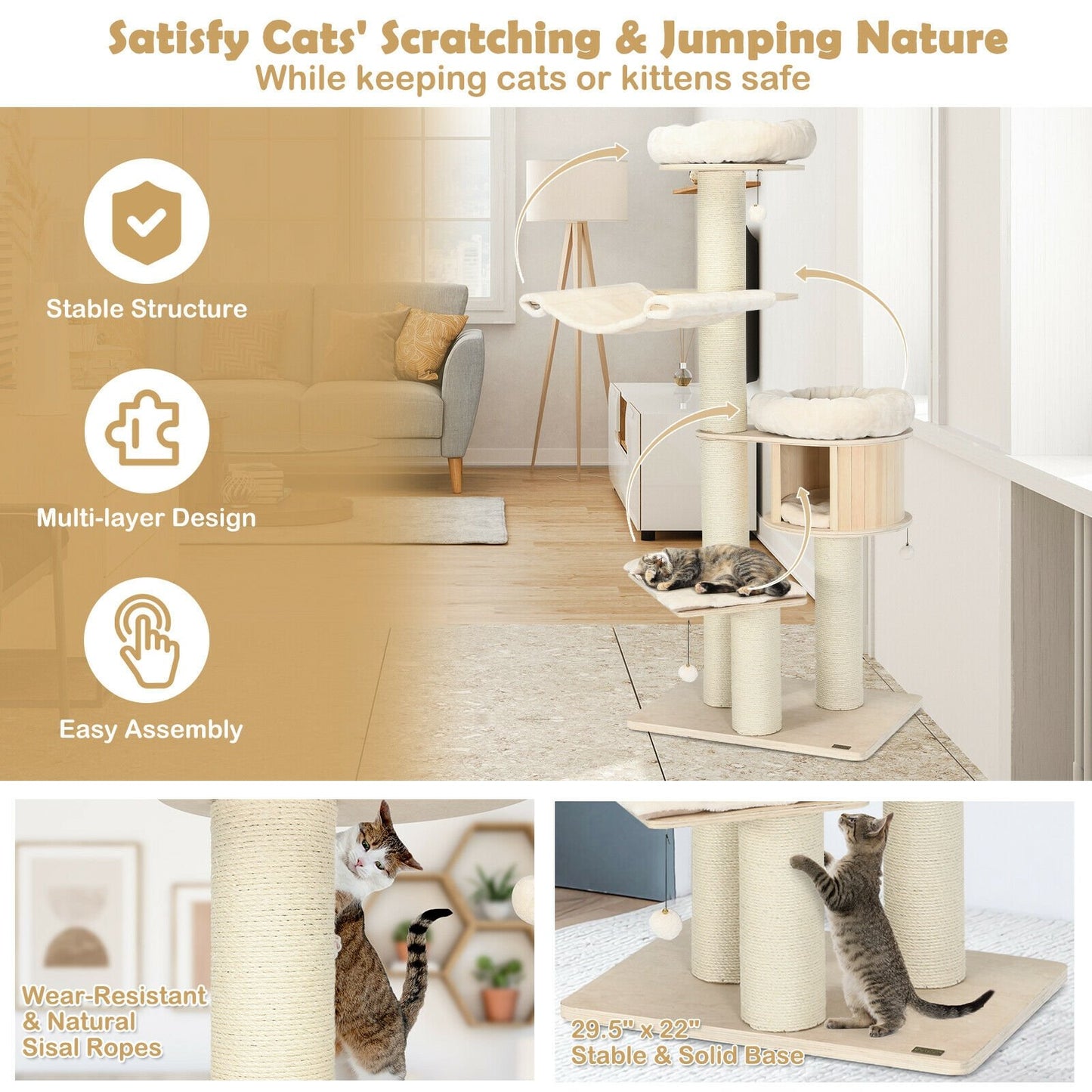 4-Layer 68.5-Inch Wooden Cat Tree Condo Activity Tower with Sisal Posts, Natural Cat Trees Condos & Scratchers   at Gallery Canada