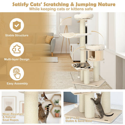 4-Layer 68.5-Inch Wooden Cat Tree Condo Activity Tower with Sisal Posts, Natural Cat Trees Condos & Scratchers   at Gallery Canada