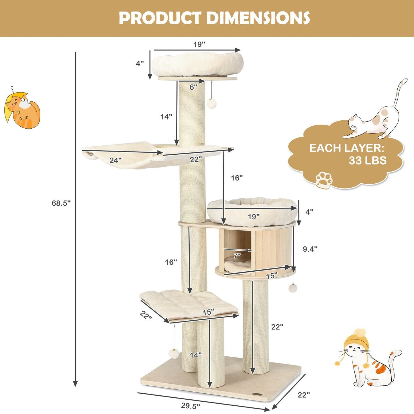 4-Layer 68.5-Inch Wooden Cat Tree Condo Activity Tower with Sisal Posts, Natural - Gallery Canada