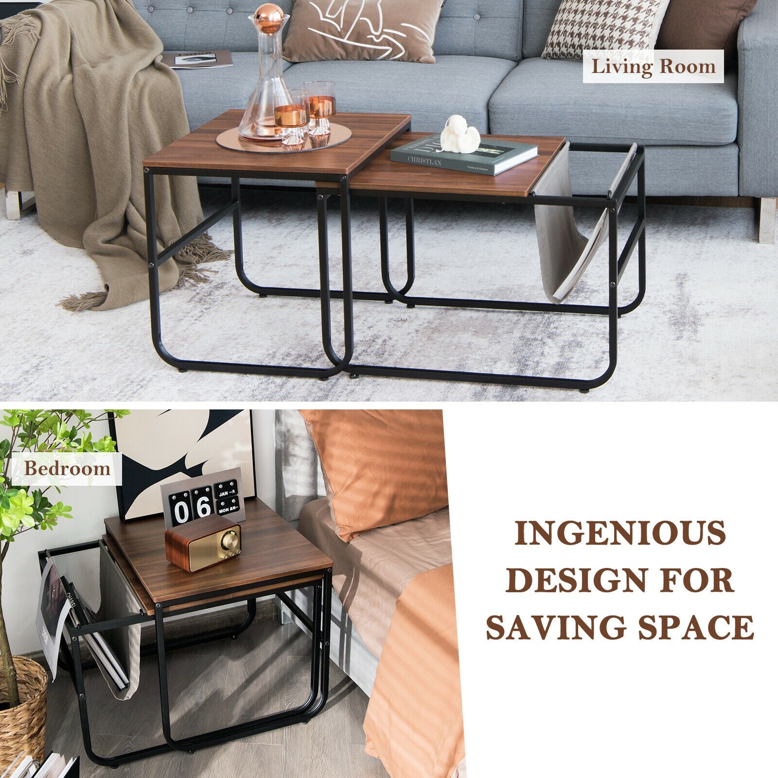 Set of 2 Nesting Coffee Tables with Side Pocket for Living Room Bedroom, Rustic Brown Coffee Tables at Gallery Canada