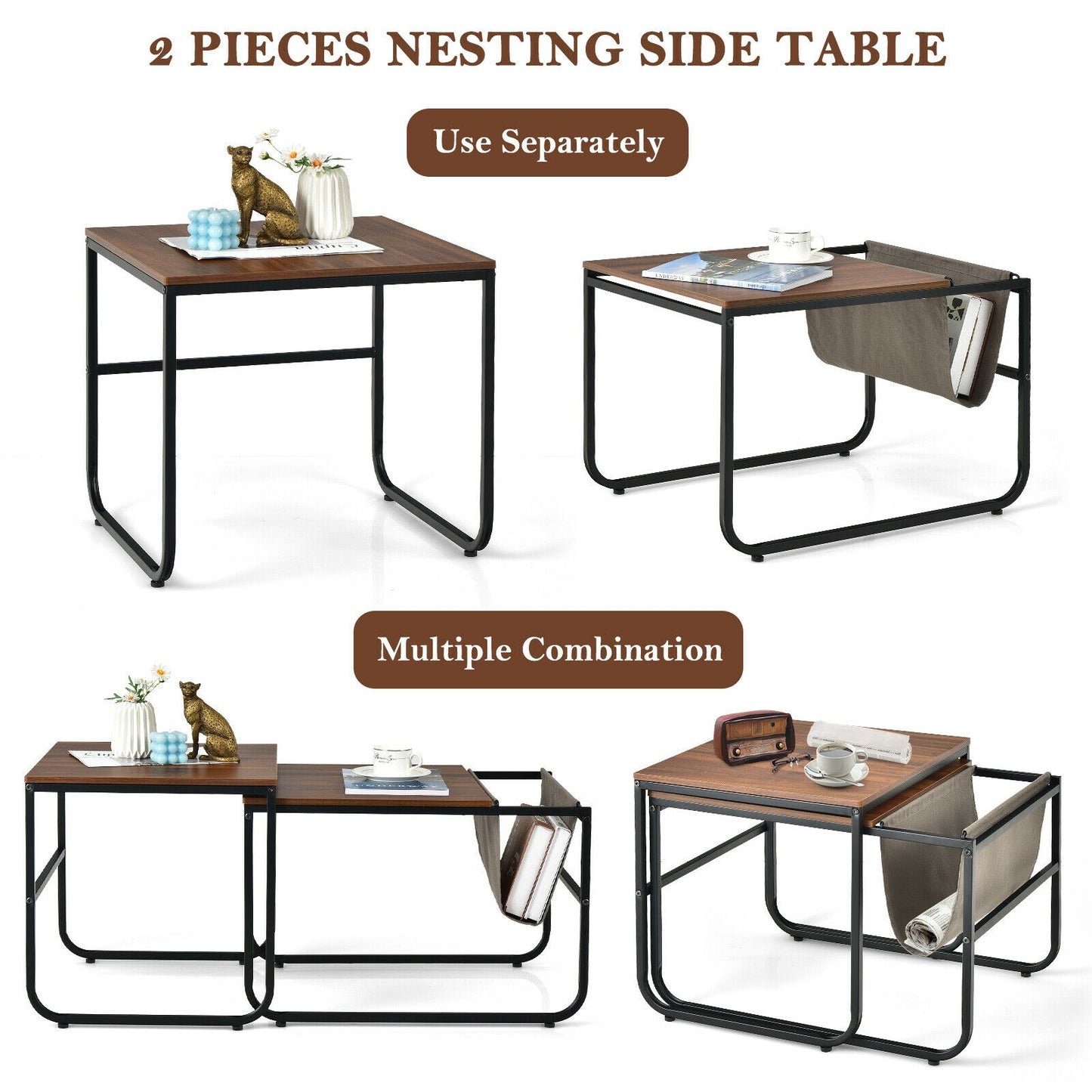 Set of 2 Nesting Coffee Tables with Side Pocket for Living Room Bedroom, Rustic Brown Coffee Tables at Gallery Canada