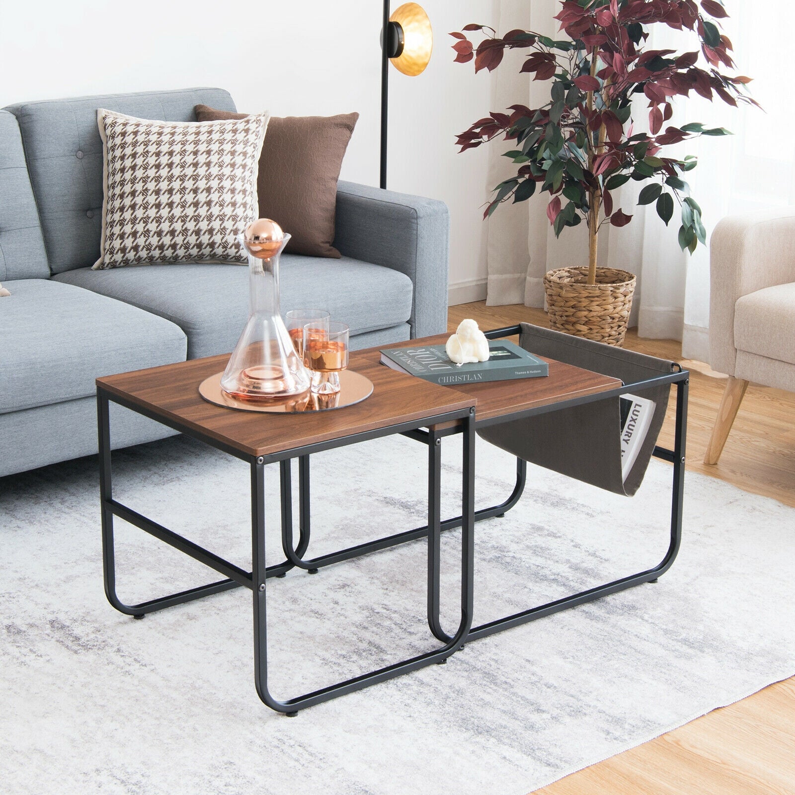 Set of 2 Nesting Coffee Tables with Side Pocket for Living Room Bedroom, Rustic Brown Coffee Tables at Gallery Canada