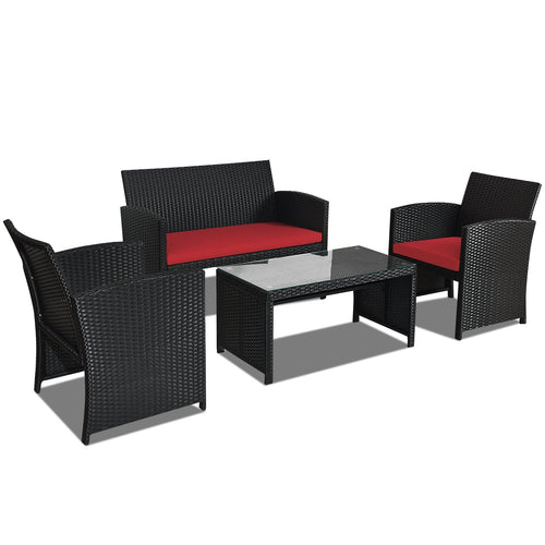 4 Pieces Rattan Patio Furniture Set with Weather Resistant Cushions and Tempered Glass Tabletop, Red