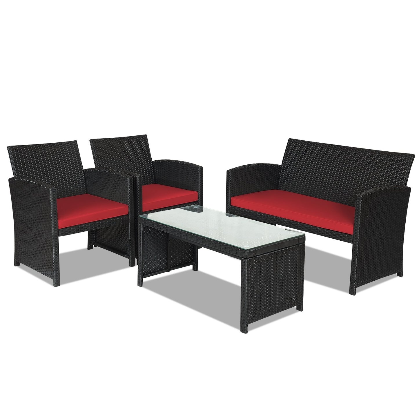 4 Pieces Rattan Patio Furniture Set with Weather Resistant Cushions and Tempered Glass Tabletop, Red Patio Conversation Sets   at Gallery Canada