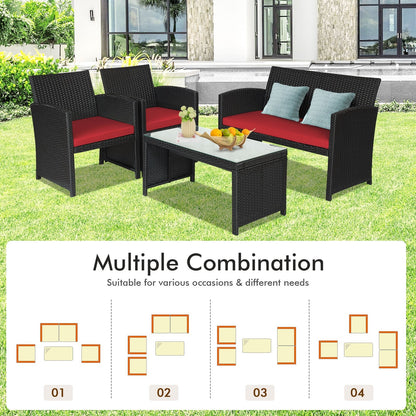 4 Pieces Rattan Patio Furniture Set with Weather Resistant Cushions and Tempered Glass Tabletop, Red Patio Conversation Sets   at Gallery Canada