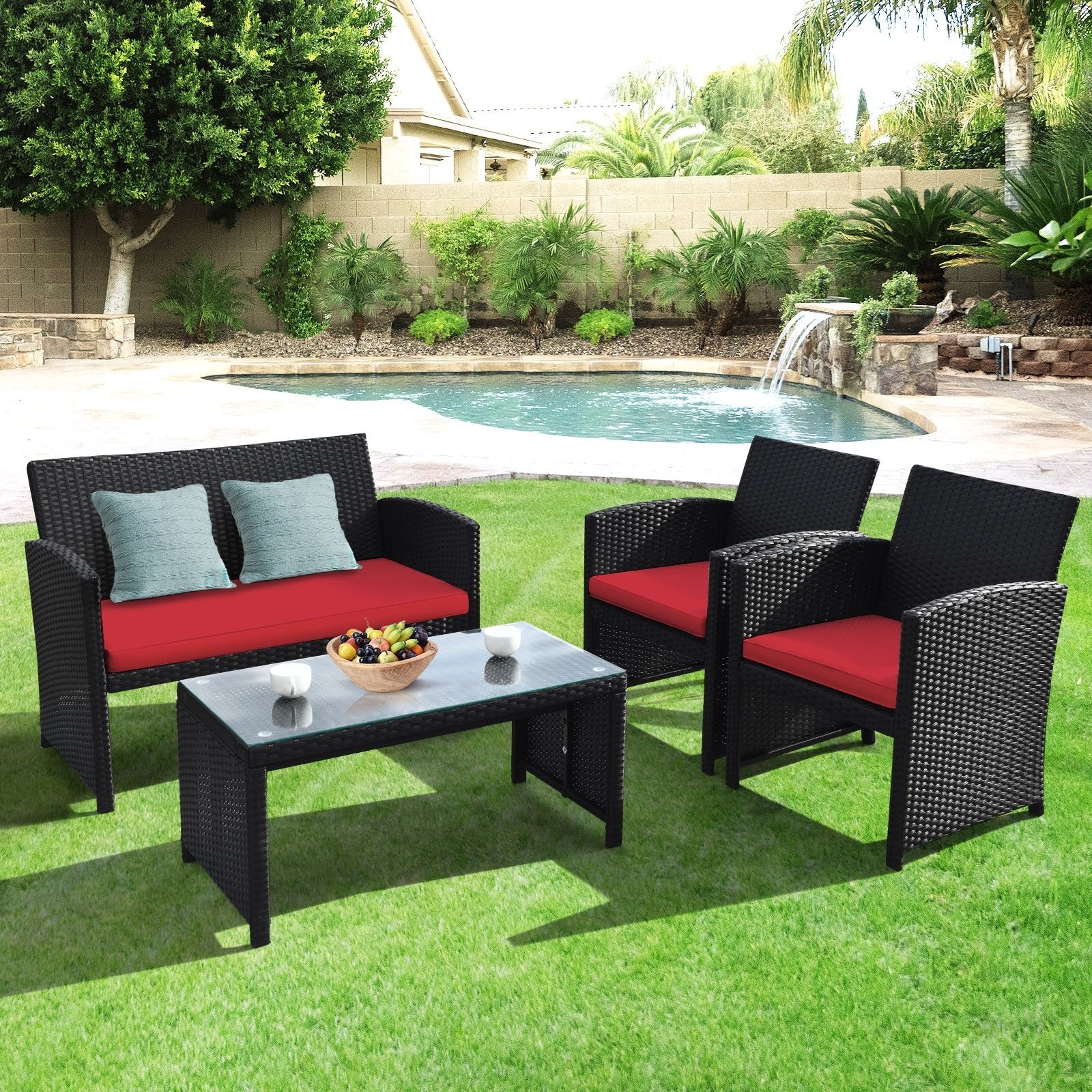 4 Pieces Rattan Patio Furniture Set with Weather Resistant Cushions and Tempered Glass Tabletop, Red Patio Conversation Sets   at Gallery Canada