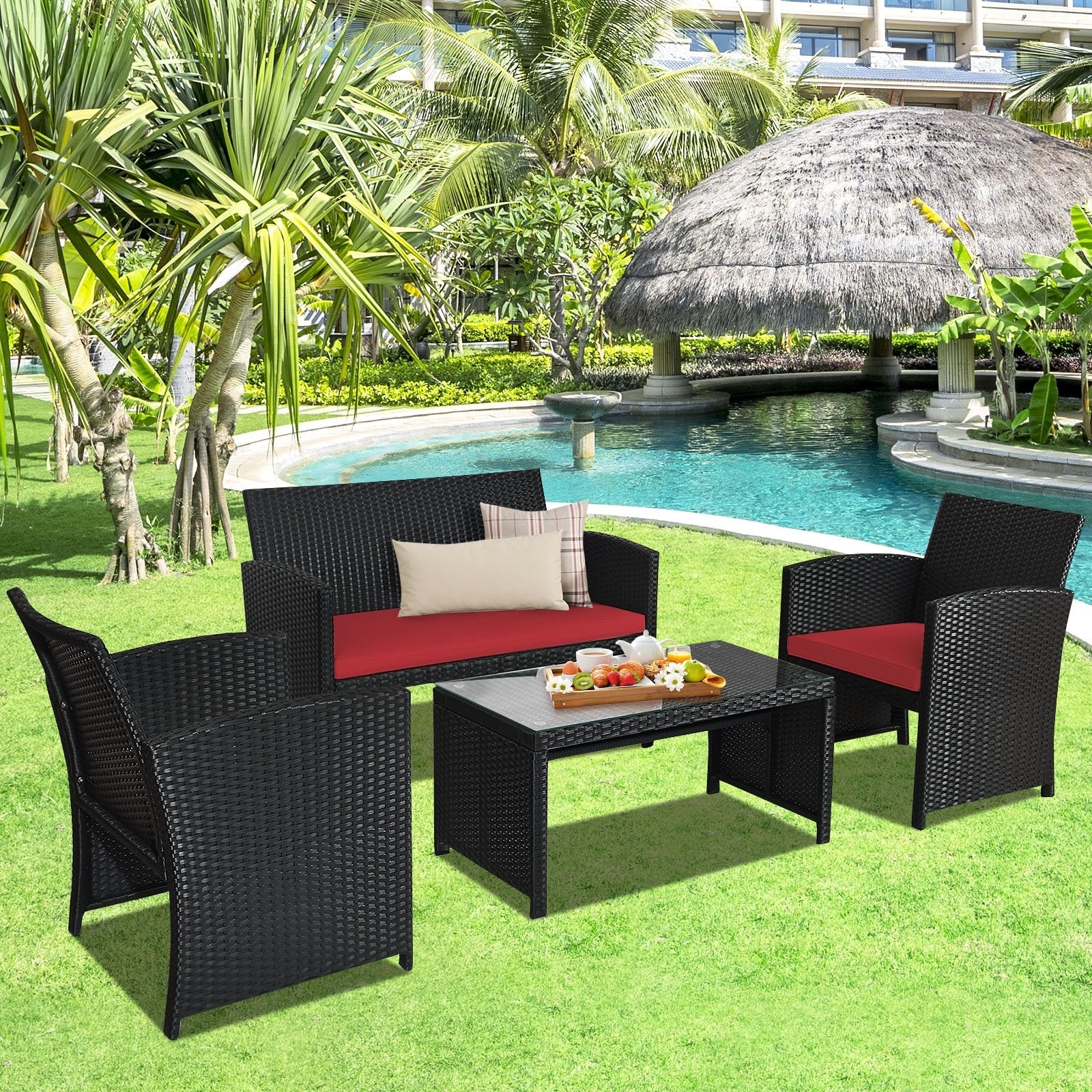 4 Pieces Rattan Patio Furniture Set with Weather Resistant Cushions and Tempered Glass Tabletop, Red Patio Conversation Sets   at Gallery Canada