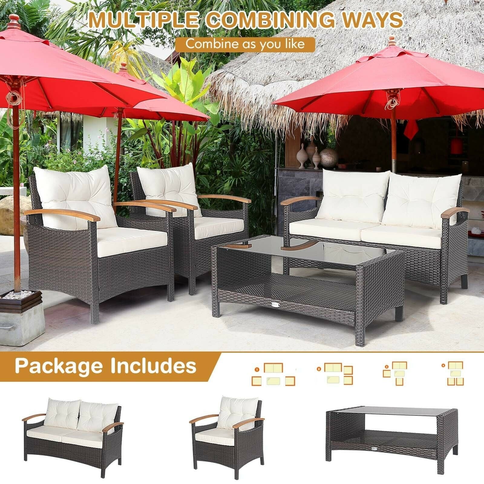 4 Pieces Patio Rattan Furniture Set with Cushioned Sofa and Storage Table, White Patio Conversation Sets   at Gallery Canada