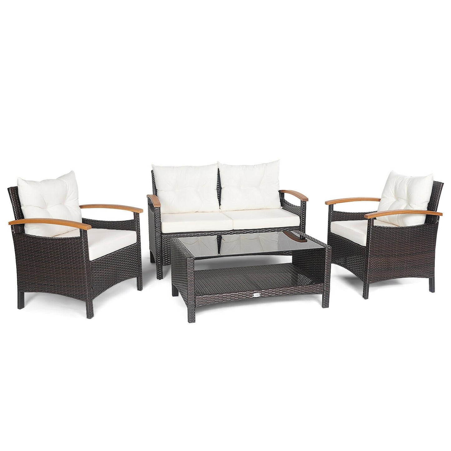 4 Pieces Patio Rattan Furniture Set with Cushioned Sofa and Storage Table, White Patio Conversation Sets   at Gallery Canada