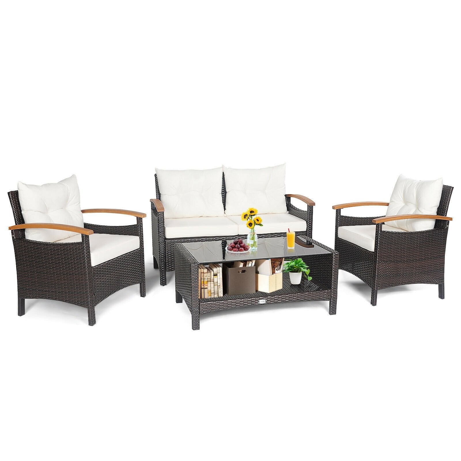 4 Pieces Patio Rattan Furniture Set with Cushioned Sofa and Storage Table, White Patio Conversation Sets   at Gallery Canada