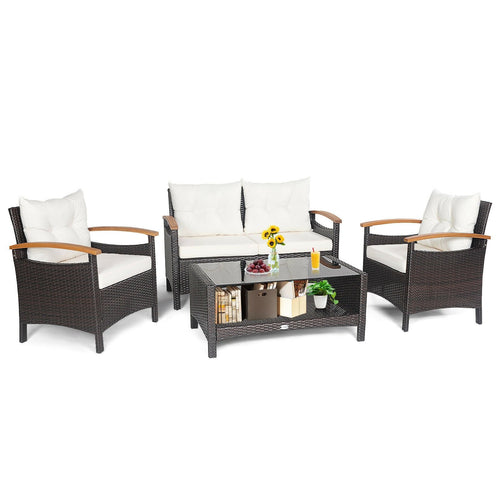 4 Pieces Patio Rattan Furniture Set with Cushioned Sofa and Storage Table, White