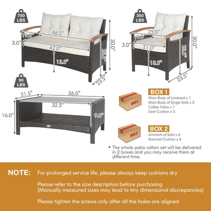 4 Pieces Patio Rattan Furniture Set with Cushioned Sofa and Storage Table, White Patio Conversation Sets   at Gallery Canada