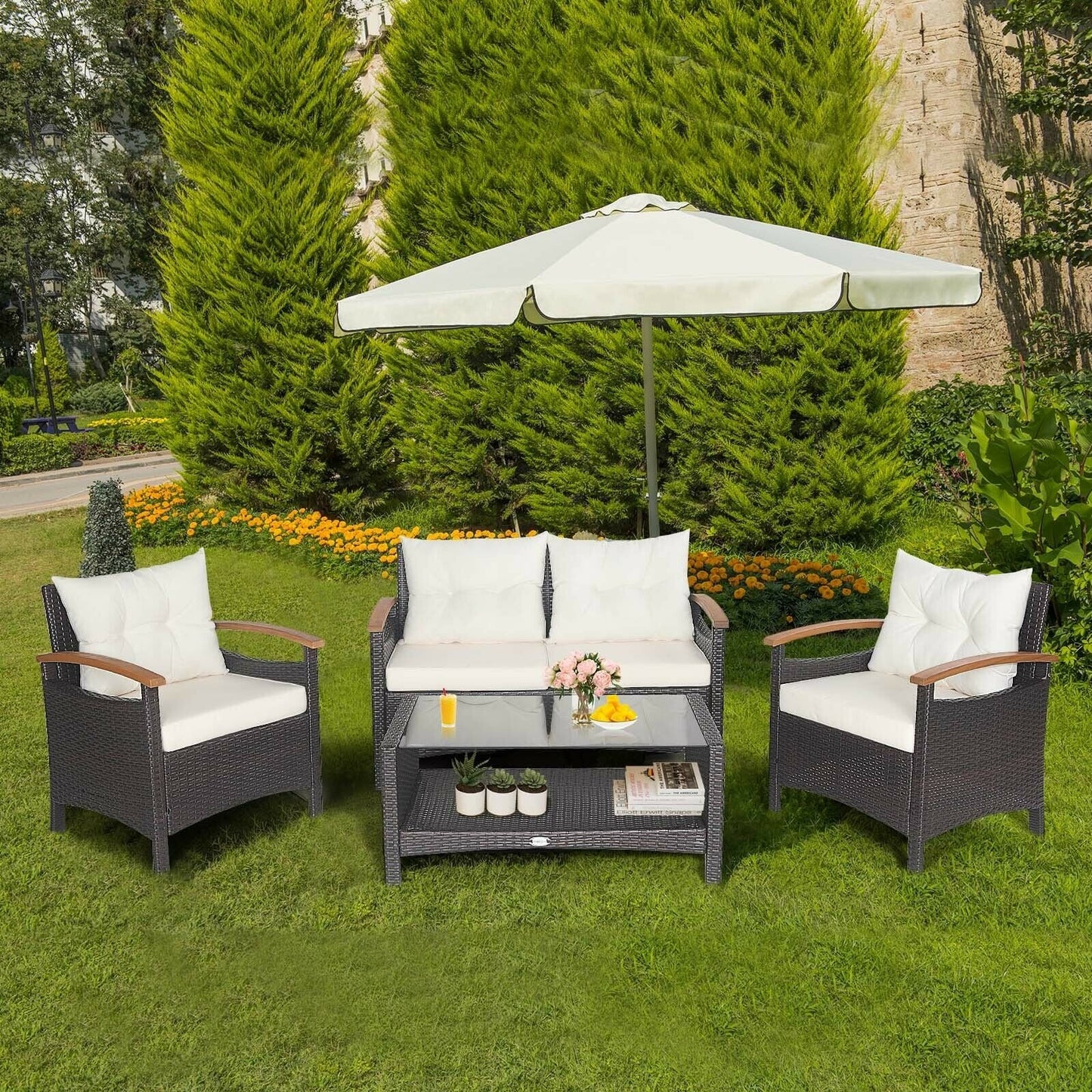 4 Pieces Patio Rattan Furniture Set with Cushioned Sofa and Storage Table, White Patio Conversation Sets   at Gallery Canada