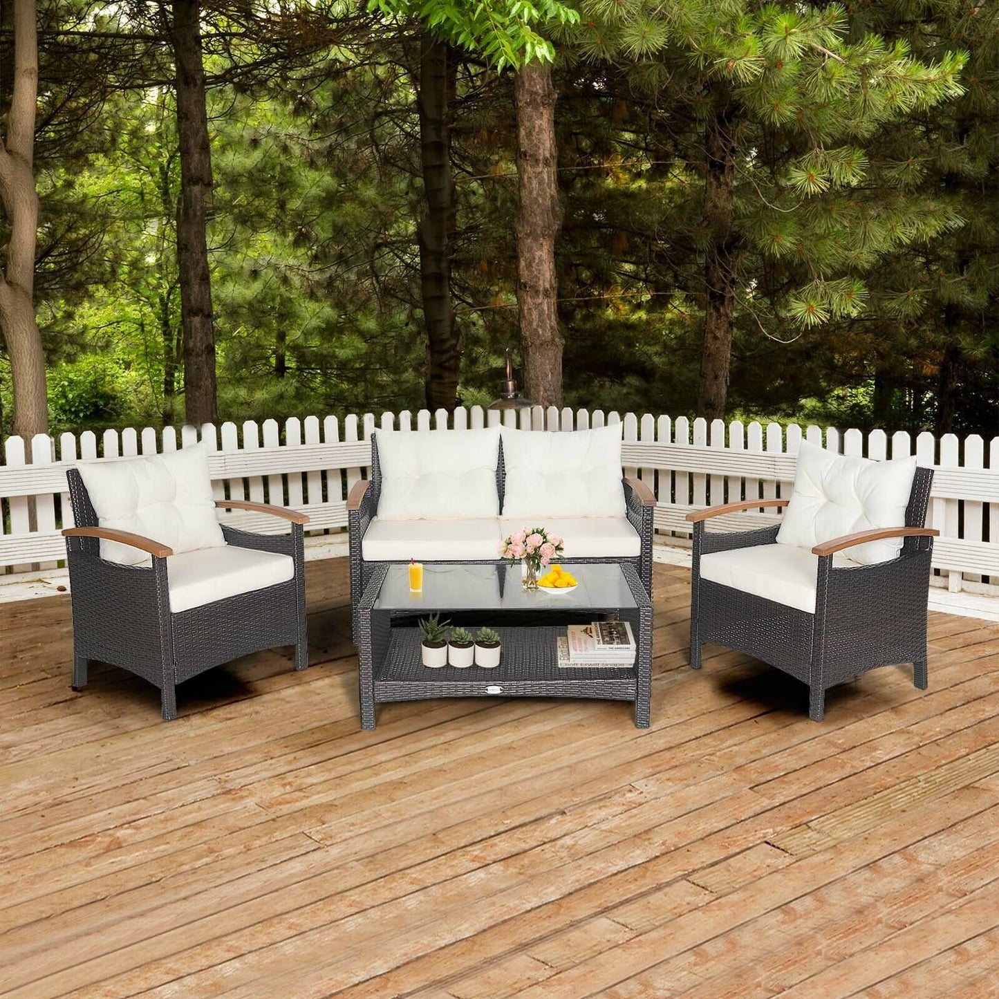 4 Pieces Patio Rattan Furniture Set with Cushioned Sofa and Storage Table, White Patio Conversation Sets   at Gallery Canada