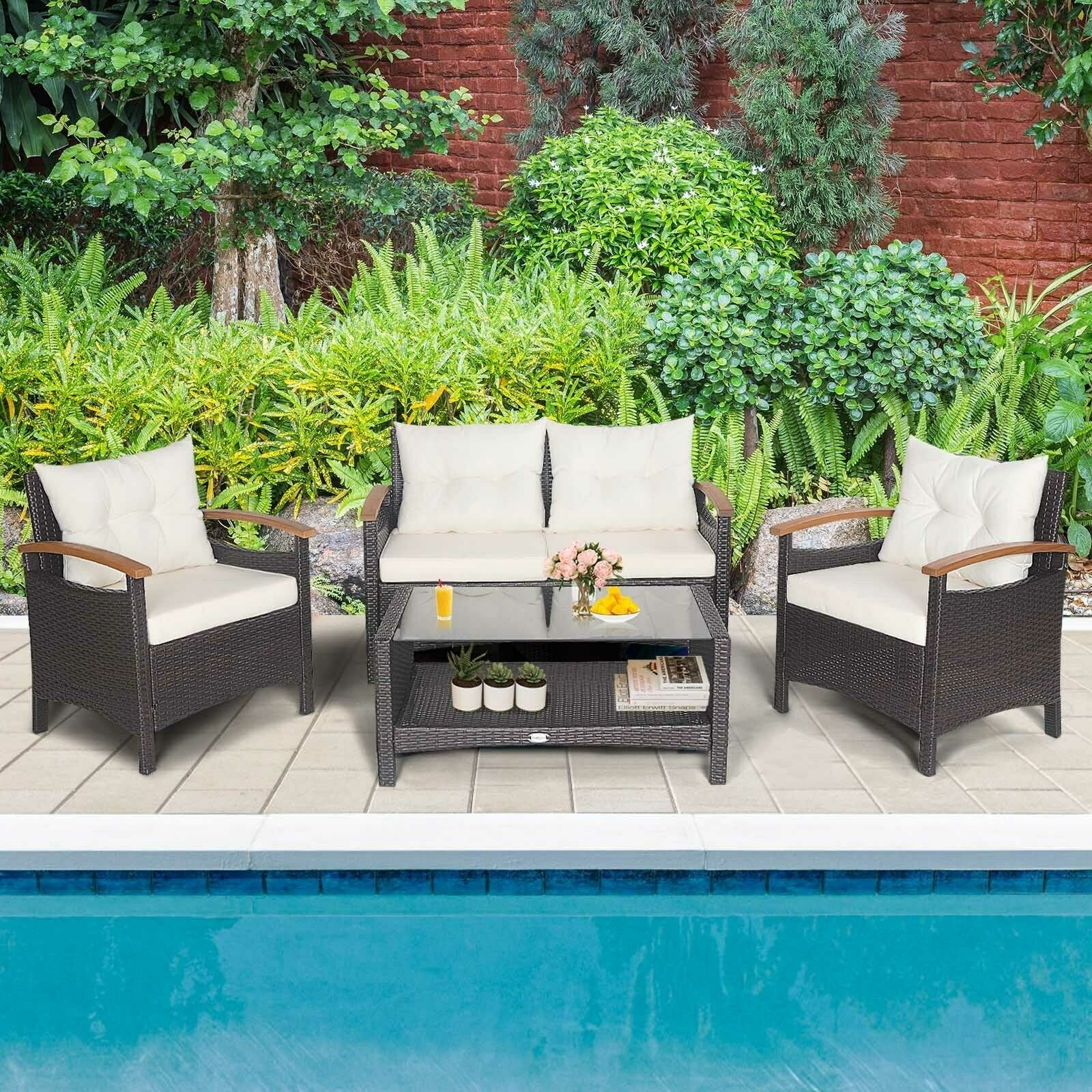 4 Pieces Patio Rattan Furniture Set with Cushioned Sofa and Storage Table, White Patio Conversation Sets   at Gallery Canada