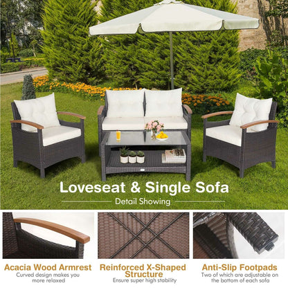 4 Pieces Patio Rattan Furniture Set with Cushioned Sofa and Storage Table, White Patio Conversation Sets   at Gallery Canada