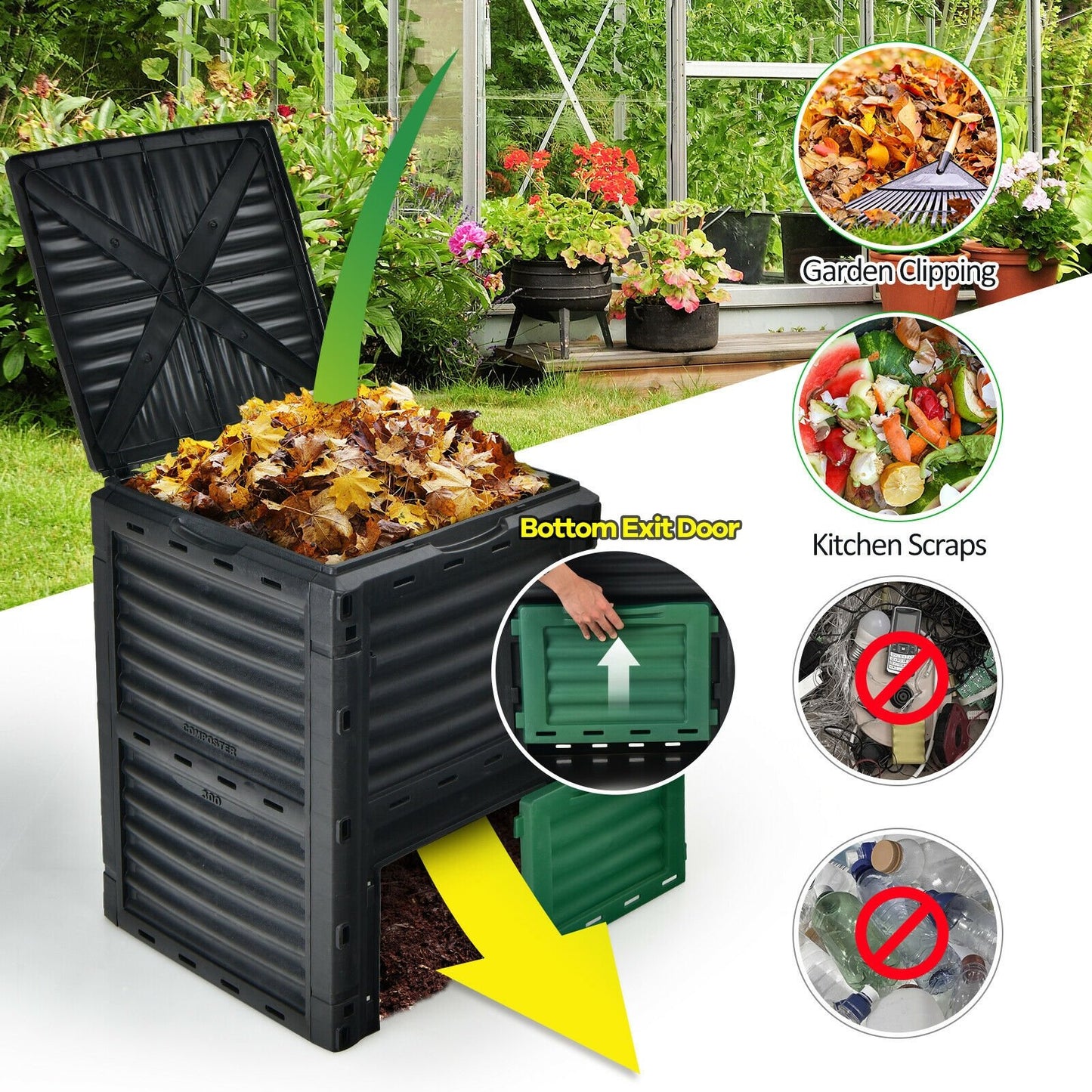 80-Gallon Outdoor Composter with Large Openable Lid and Bottom Exit Door, Black Garden Tools   at Gallery Canada