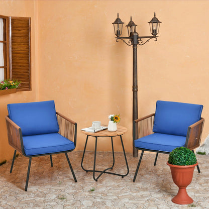 3 Pieces Patio Bistro Furniture Set with Armrest and Soft Cushions, Blue Patio Conversation Sets   at Gallery Canada