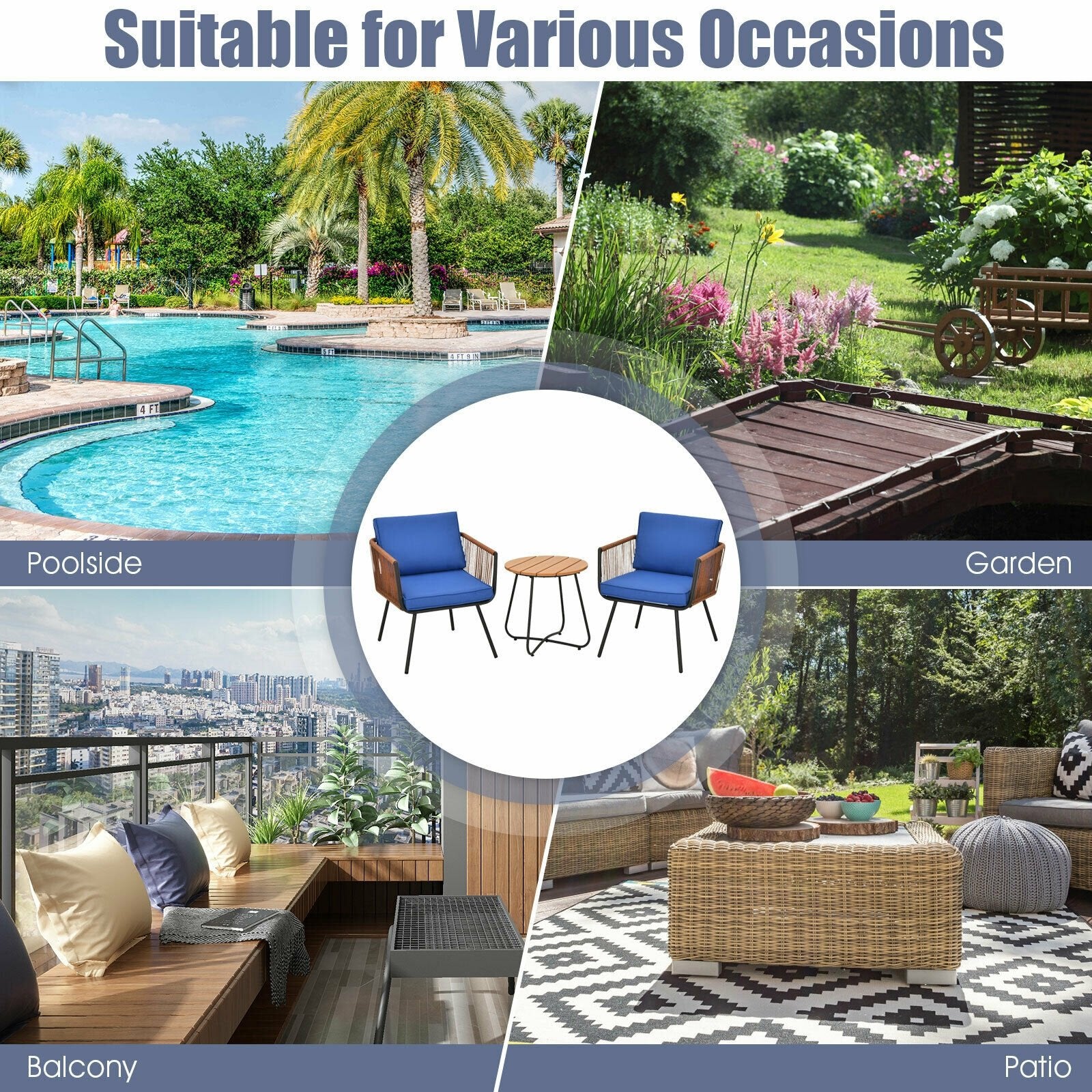 3 Pieces Patio Bistro Furniture Set with Armrest and Soft Cushions, Blue Patio Conversation Sets   at Gallery Canada