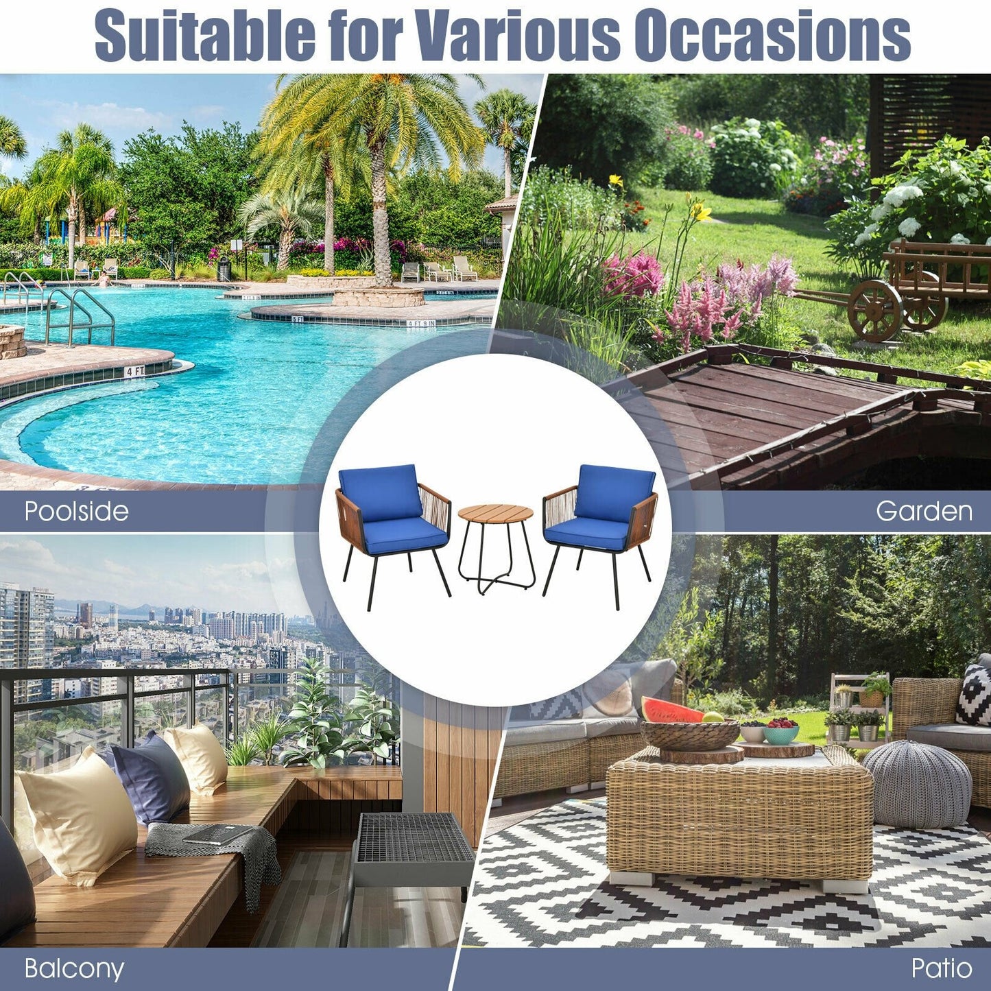 3 Pieces Patio Bistro Furniture Set with Armrest and Soft Cushions, Blue Patio Conversation Sets   at Gallery Canada