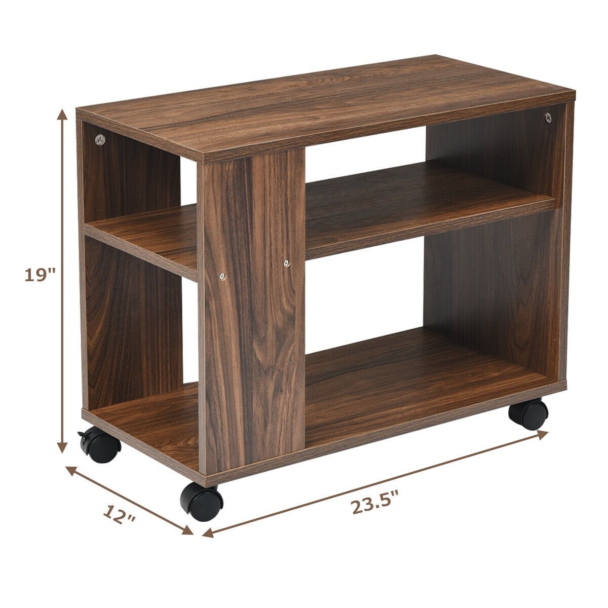 Multifunctional 3-Tier Side Table with Wheels and Large Storage Shelf, Brown - Gallery Canada