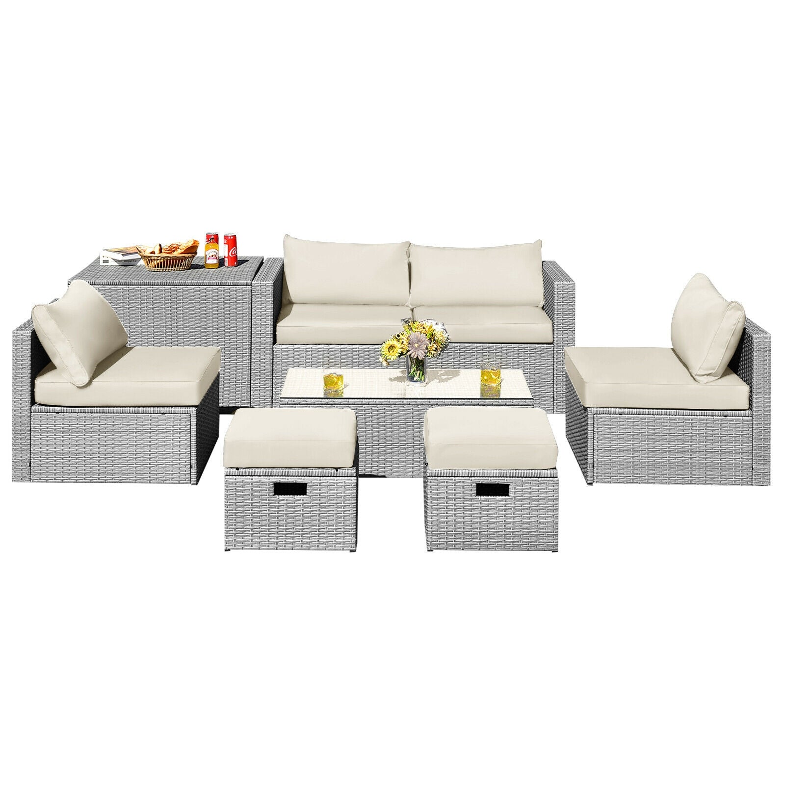 8 Pieces Patio Rattan Furniture Set with Storage Waterproof Cover and Cushion, Off White Outdoor Sectionals Off White  at Gallery Canada