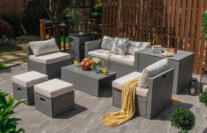 8 Pieces Patio Rattan Furniture Set with Storage Waterproof Cover and Cushion, Off White Outdoor Sectionals   at Gallery Canada