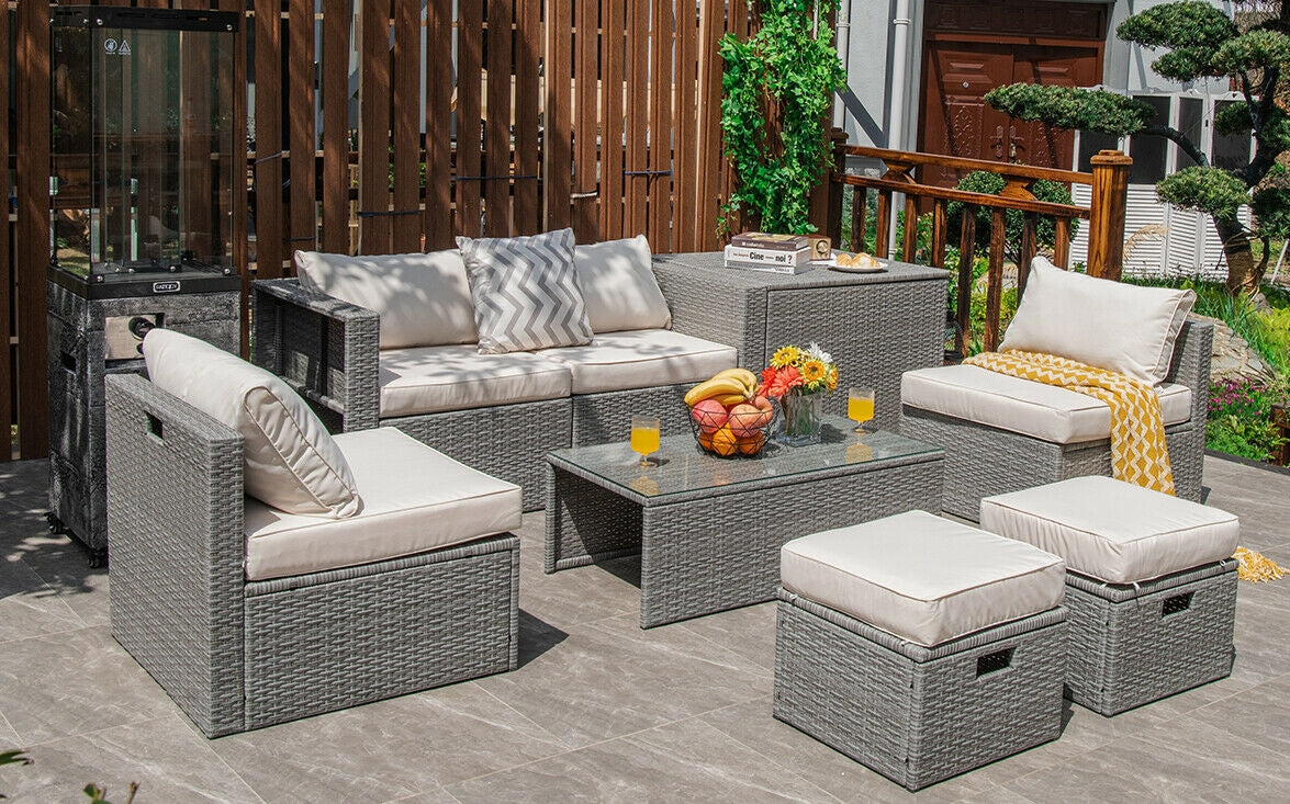 8 Pieces Patio Rattan Furniture Set with Storage Waterproof Cover and Cushion, Off White Outdoor Sectionals   at Gallery Canada