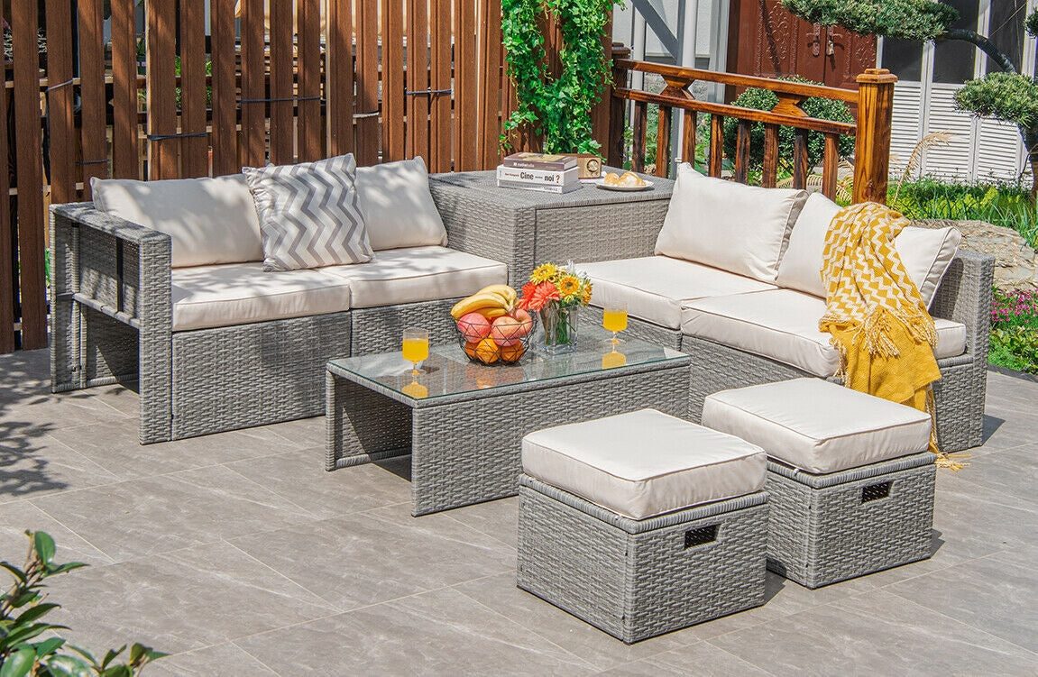 8 Pieces Patio Rattan Furniture Set with Storage Waterproof Cover and Cushion, Off White Outdoor Sectionals   at Gallery Canada