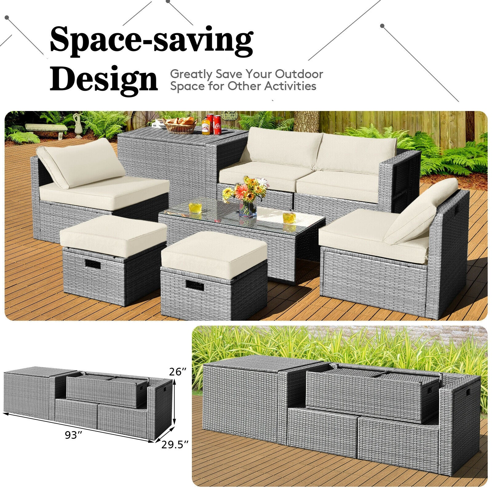 8 Pieces Patio Rattan Furniture Set with Storage Waterproof Cover and Cushion, Off White Outdoor Sectionals   at Gallery Canada