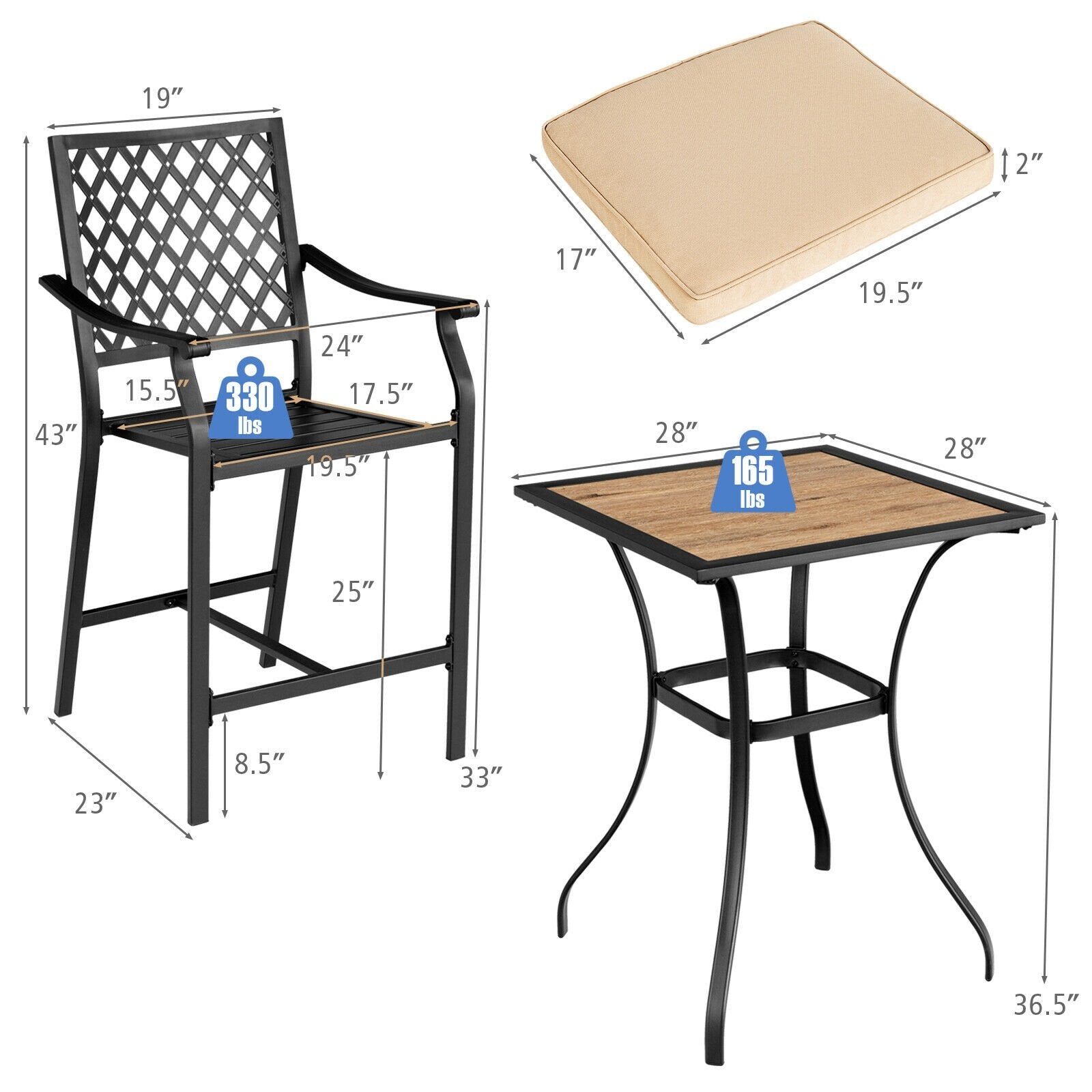 3 Pieces Patio Bar Set with 2 Bar Stools and 1 Square Table, Beige Patio Dining Sets   at Gallery Canada