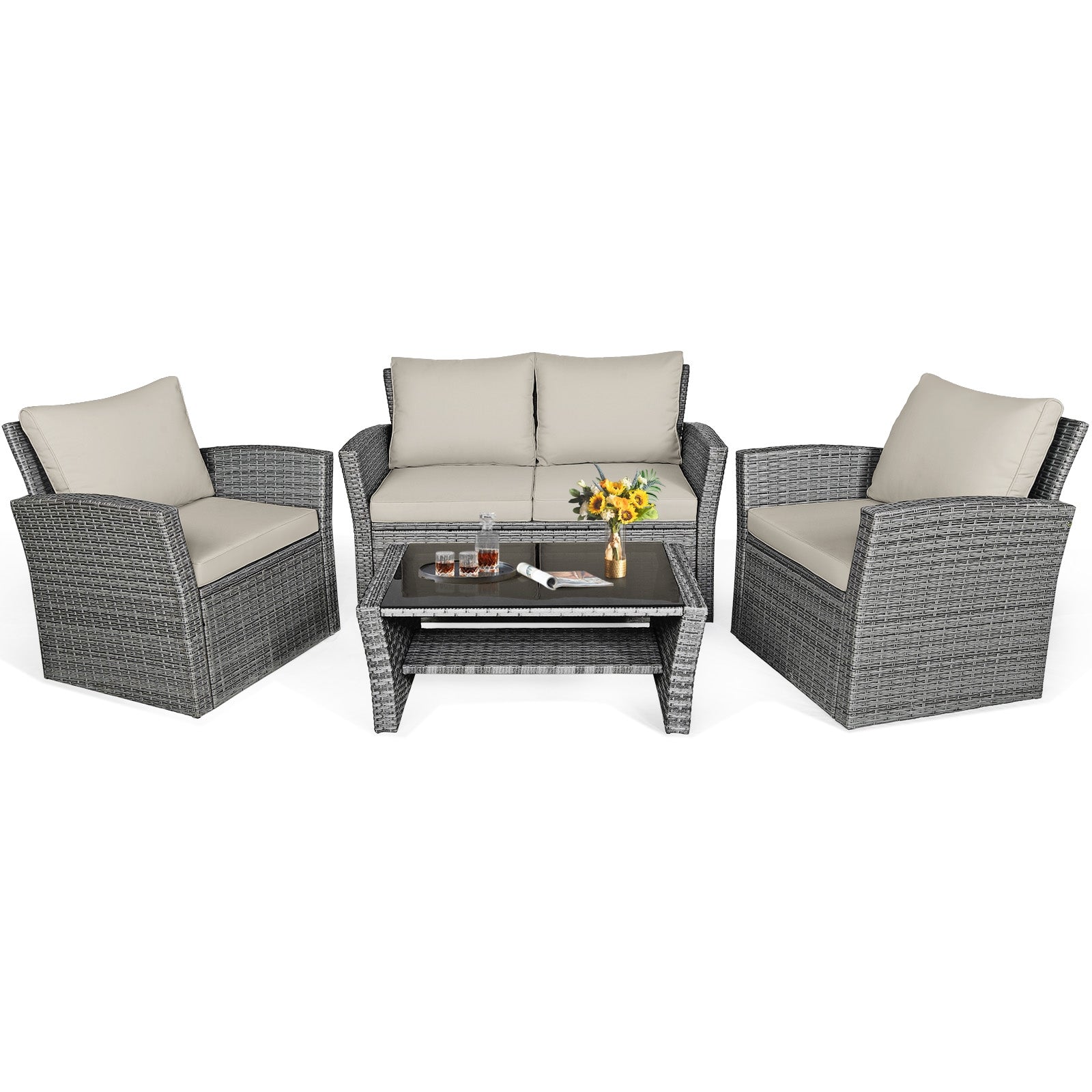 4 Pieces Patio Rattan Furniture Set Sofa Table with Storage Shelf Cushion, Beige Patio Conversation Sets Beige  at Gallery Canada