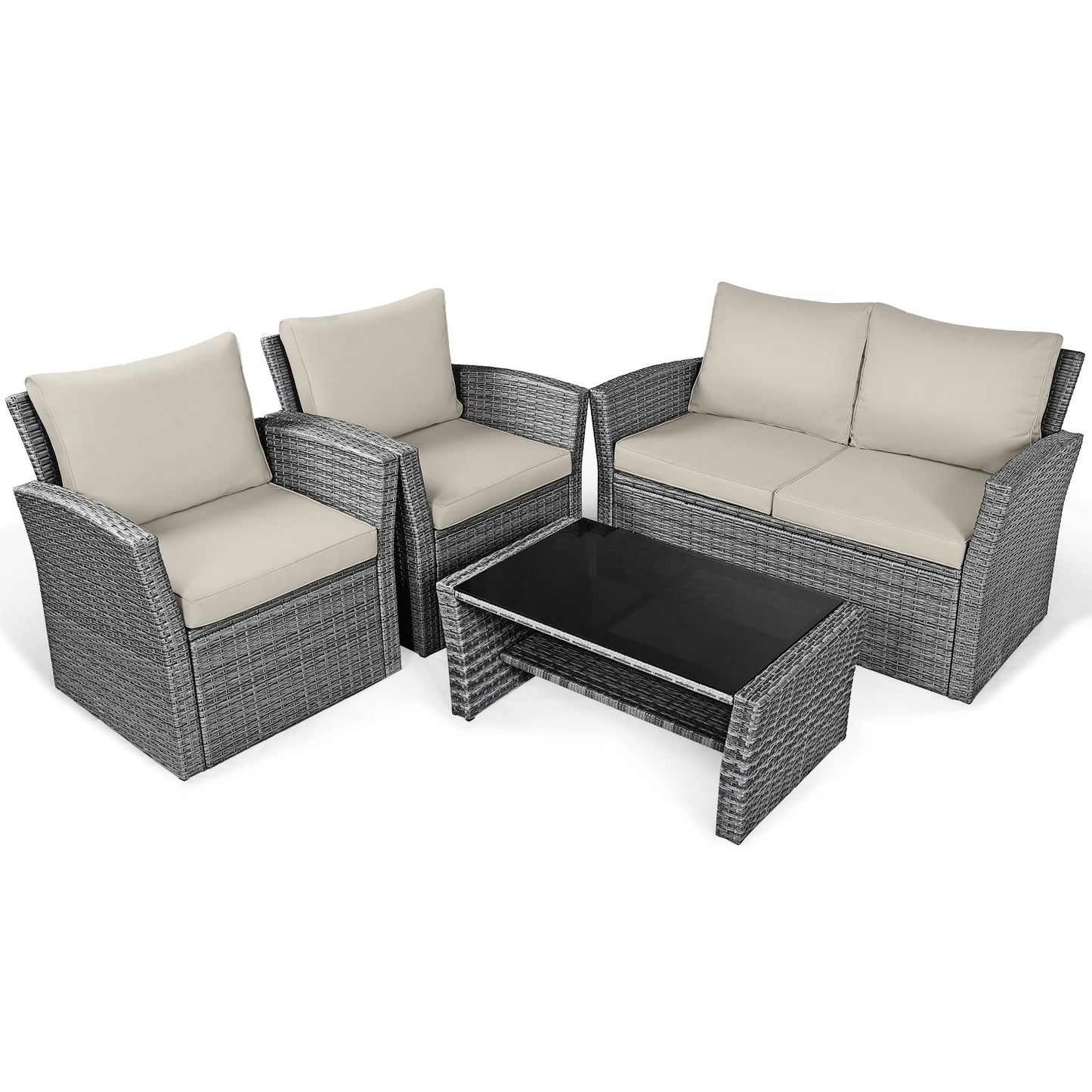 4 Pieces Patio Rattan Furniture Set Sofa Table with Storage Shelf Cushion, Beige Patio Conversation Sets   at Gallery Canada