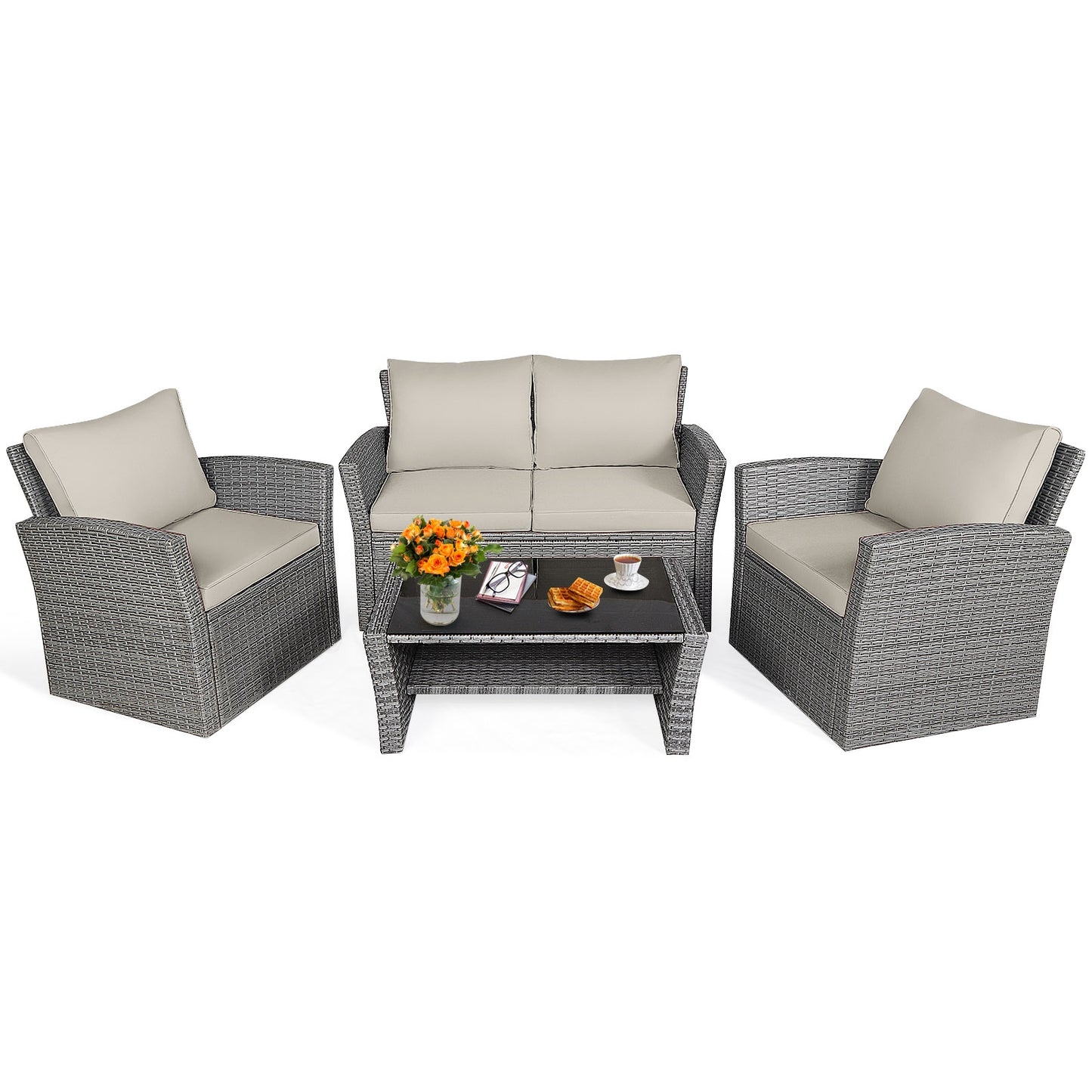 4 Pieces Patio Rattan Furniture Set Sofa Table with Storage Shelf Cushion, Beige Patio Conversation Sets   at Gallery Canada