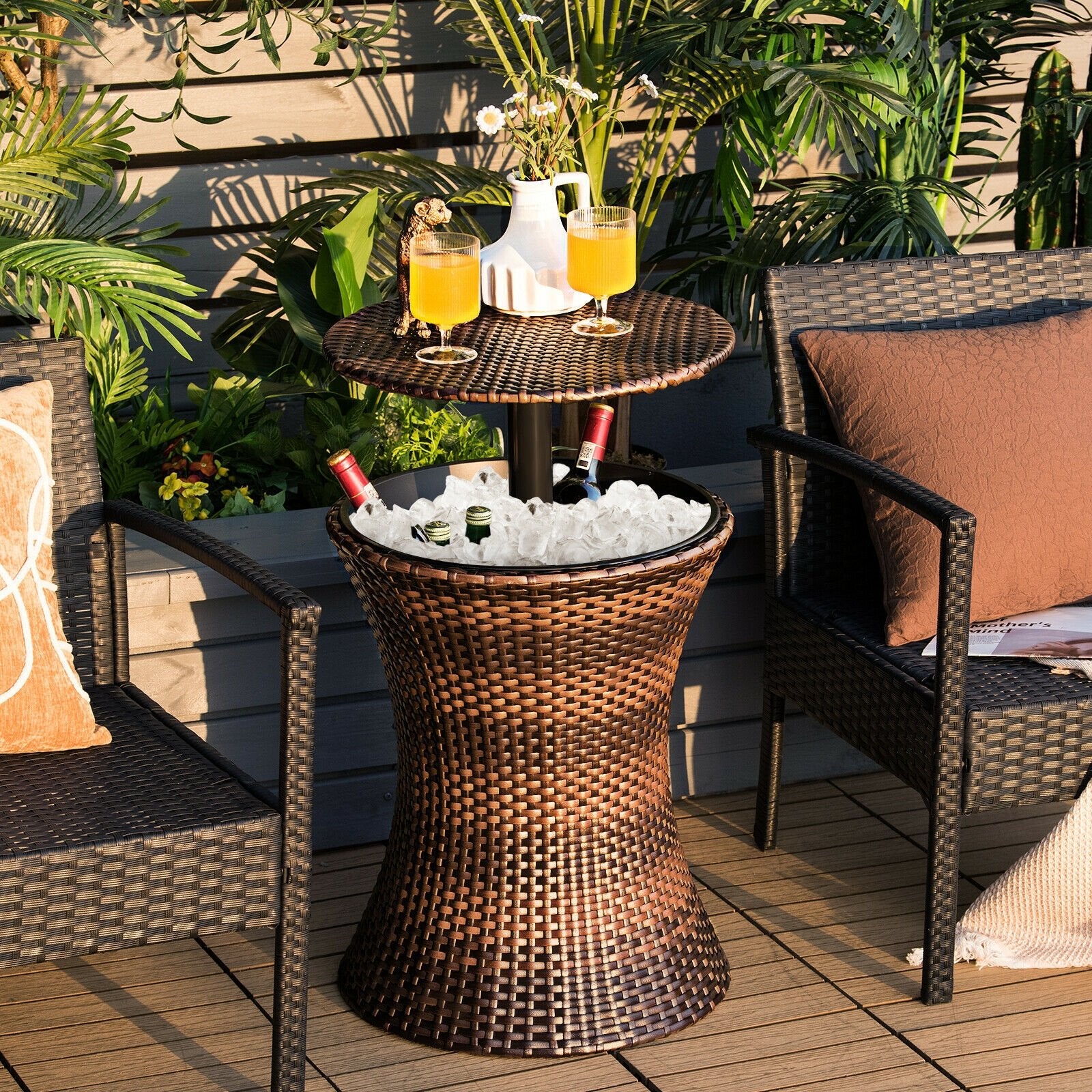 Height Adjustable Patio Rattan Cooler Bar Table, Black Patio Bar Furniture   at Gallery Canada