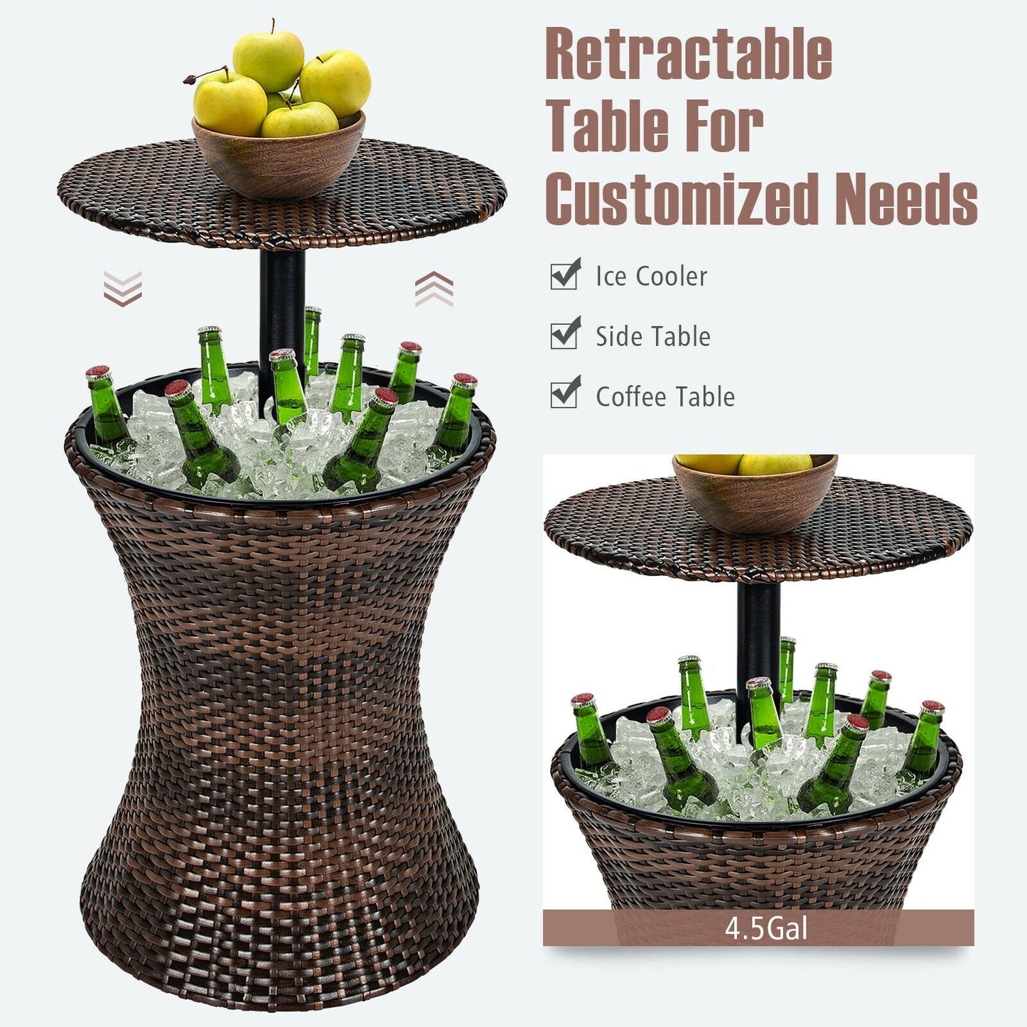 Height Adjustable Patio Rattan Cooler Bar Table, Black - Gallery Canada