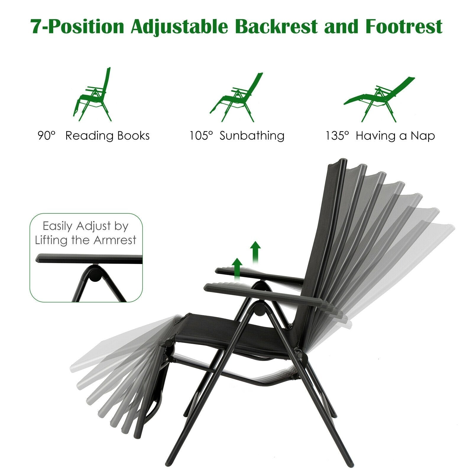 Aluminum Frame Outdoor Foldable Reclining Chair, Gray Beach & Lawn Chairs   at Gallery Canada