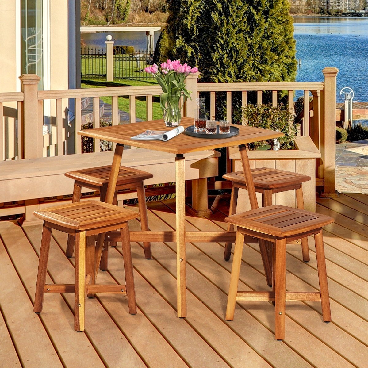 5 Pieces Acacia Patio Dining Set, Brown Patio Dining Sets   at Gallery Canada