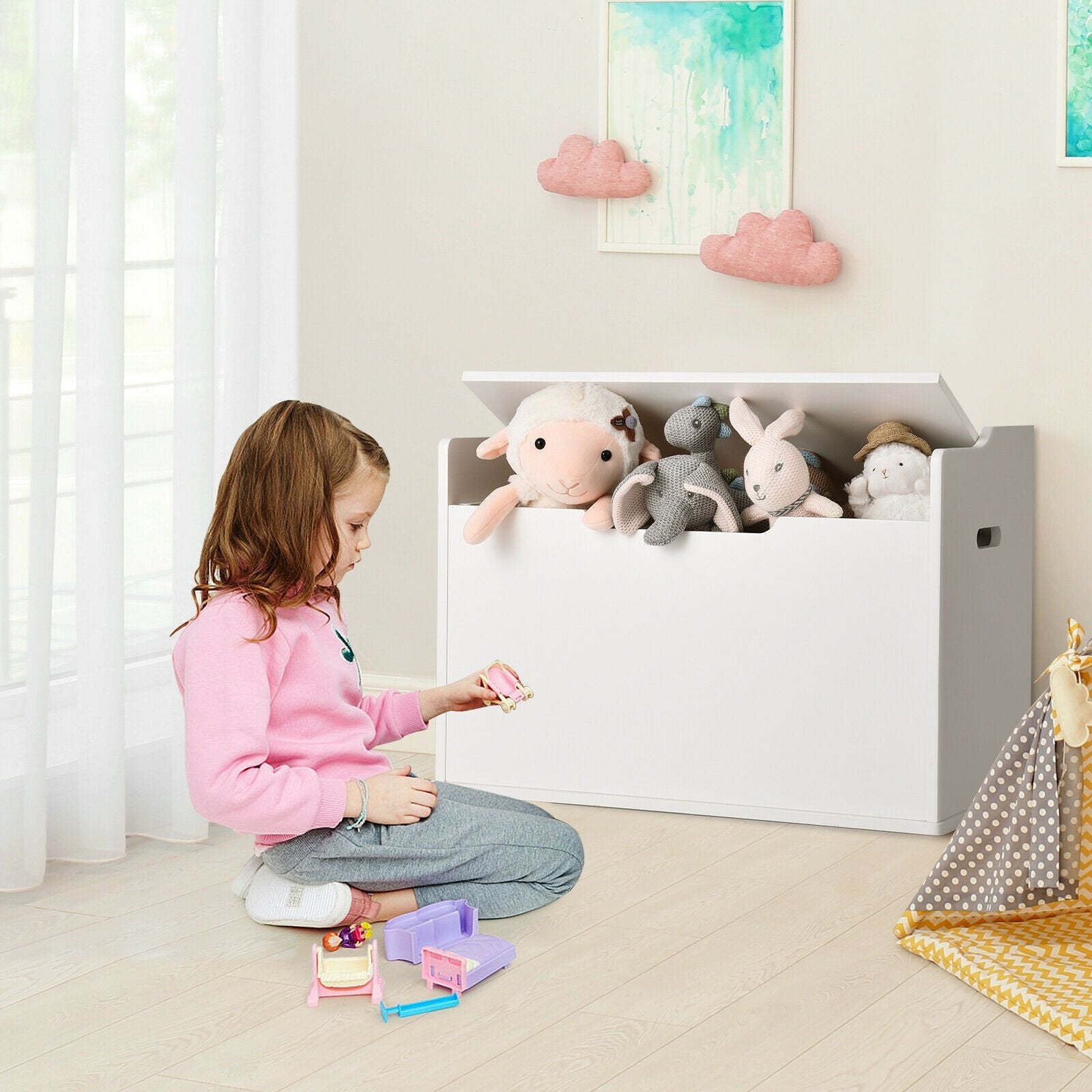 Kids Toy Wooden Flip-top Storage Box Chest Bench with Cushion Hinge, White Kids Storage   at Gallery Canada