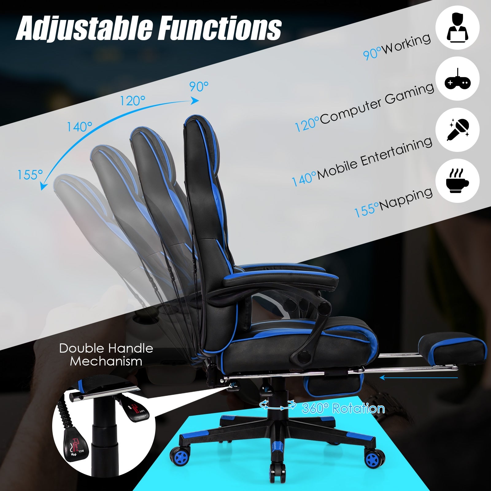 Massage Gaming Chair with Footrest and Lumbar Support, Blue Gaming Chairs at Gallery Canada
