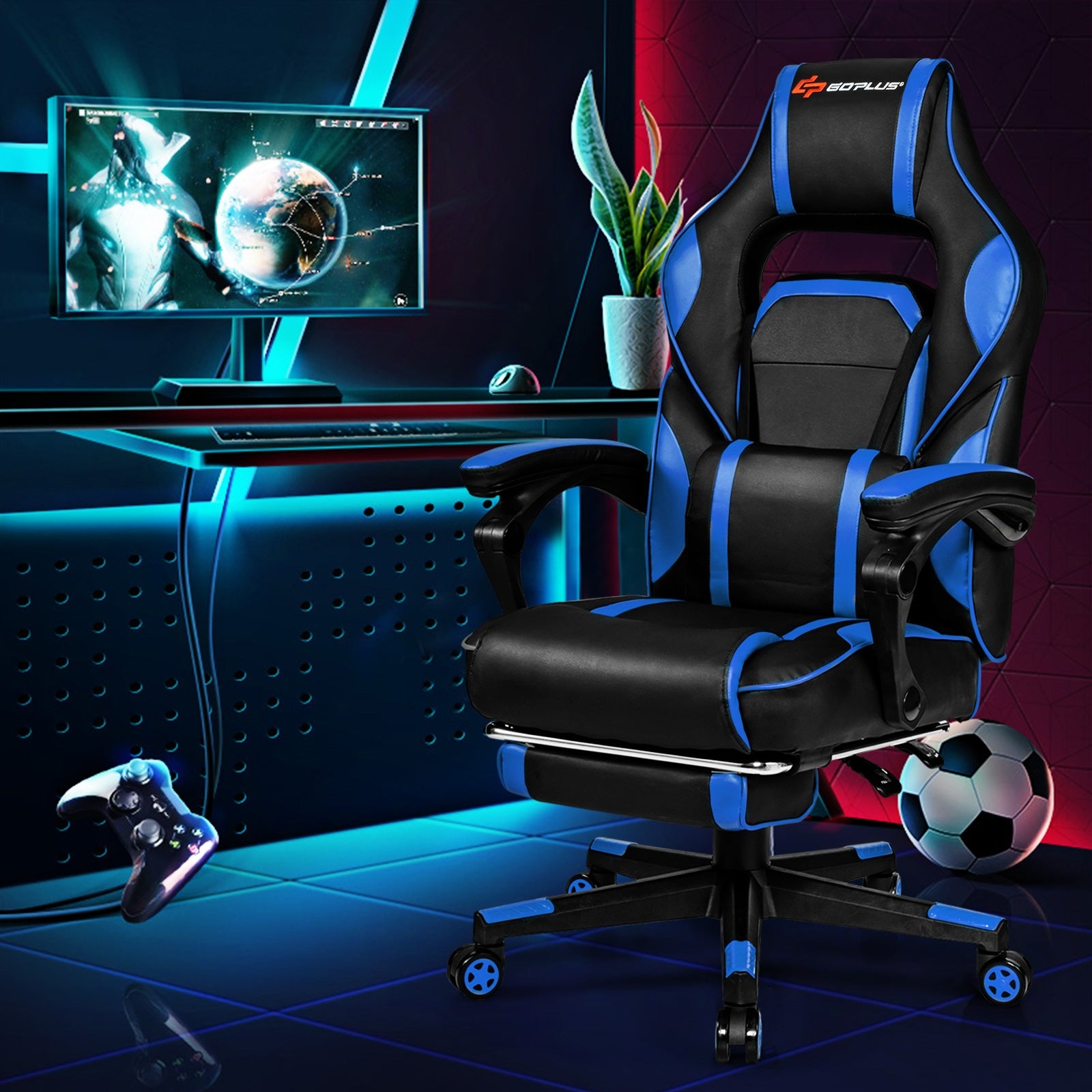 Massage Gaming Chair with Footrest and Lumbar Support, Blue Gaming Chairs at Gallery Canada