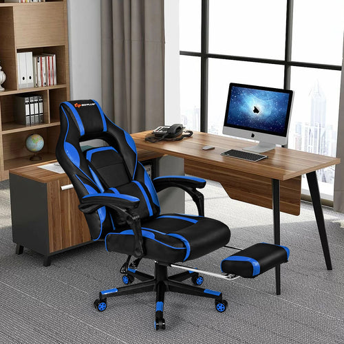 Massage Gaming Chair with Footrest and Lumbar Support, Blue