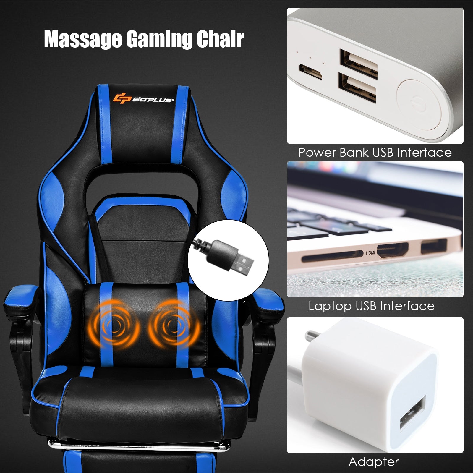 Massage Gaming Chair with Footrest and Lumbar Support, Blue Gaming Chairs at Gallery Canada