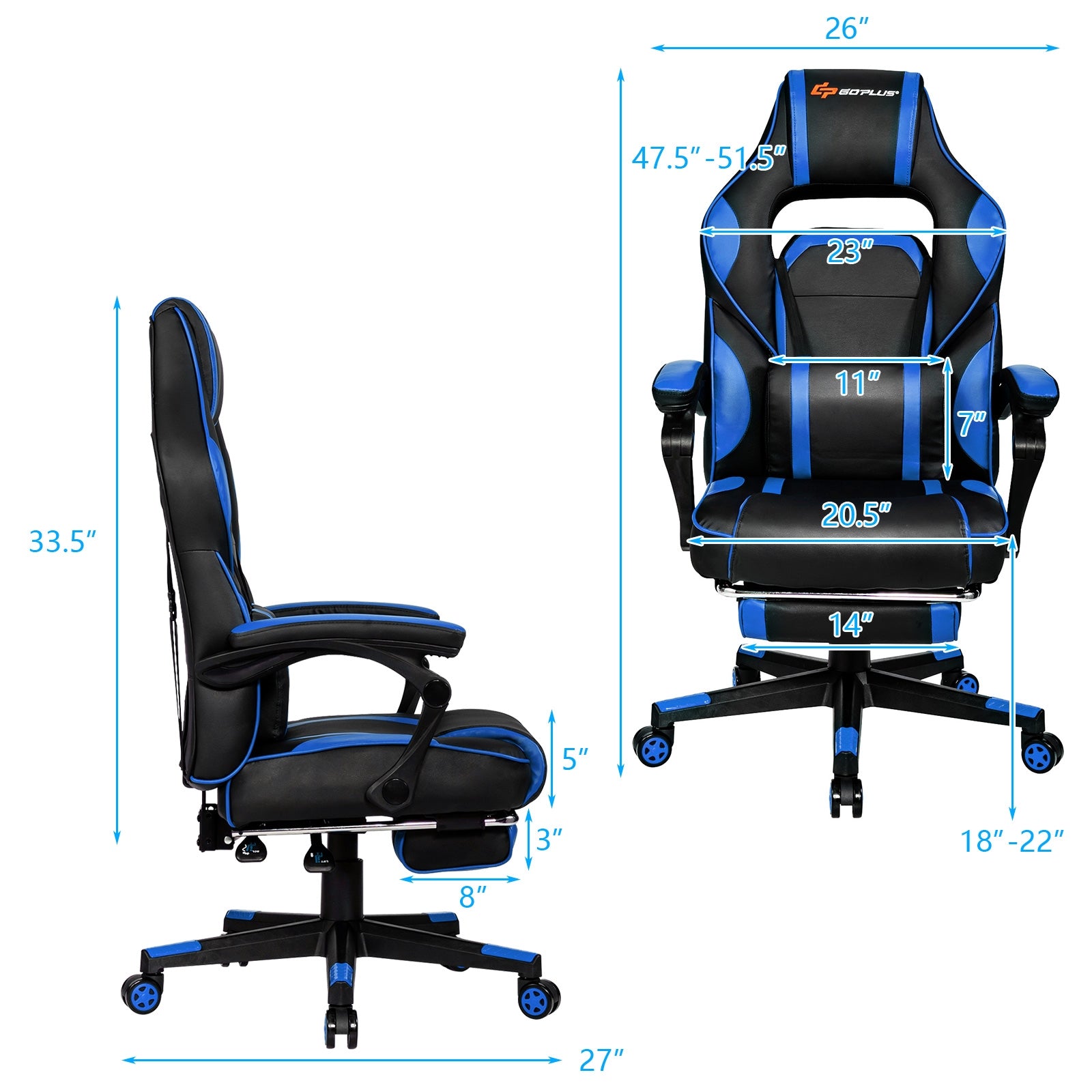 Massage Gaming Chair with Footrest and Lumbar Support, Blue Gaming Chairs at Gallery Canada